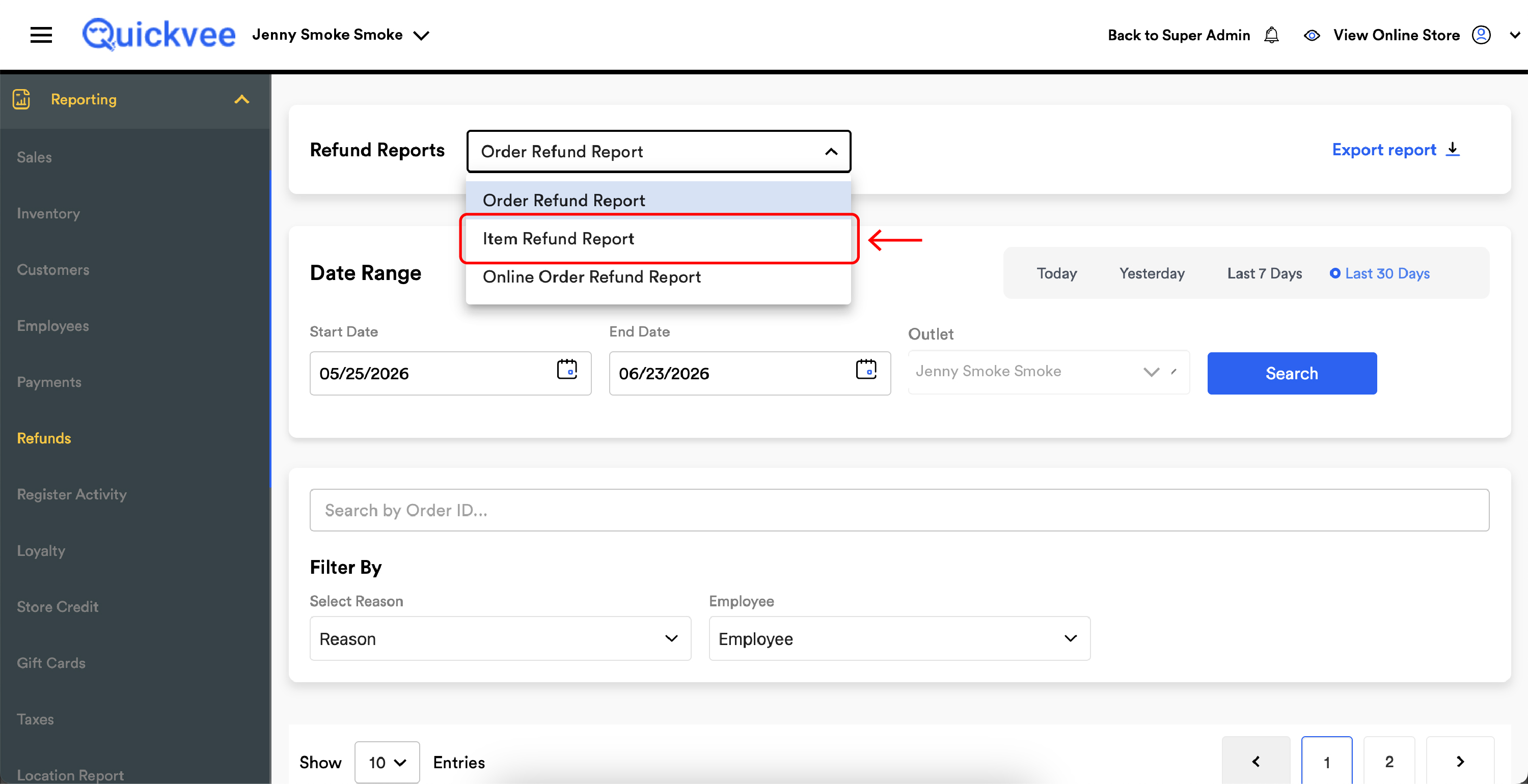 Refund Reports - Item Refund Report_Refund Reports dropdown at the top of the page select Item Refund Report.---20260626-081831.jpg